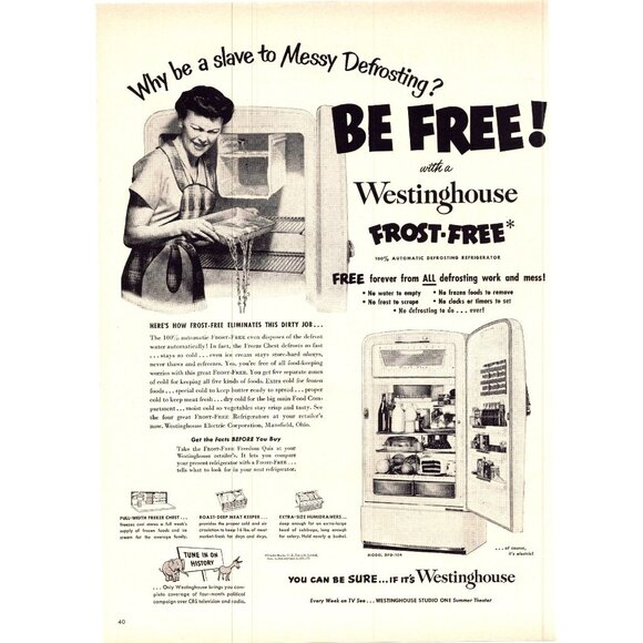 1952 Westinghouse Frost Free Refrigerator Fridge Vintage Print Ad 50s Wall Art - Picture 1 of 2